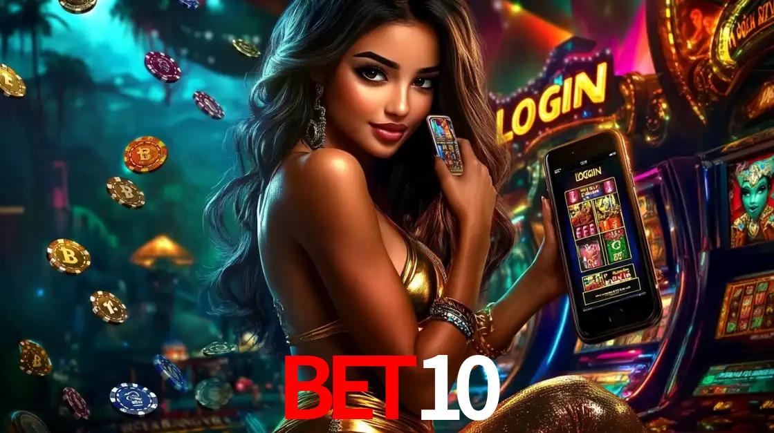 Mulher em um cenário de cassino temático de aventura, mostrando o app de caça-níqueis da BET10 no celular. Fichas de apostas flutuam ao redor.